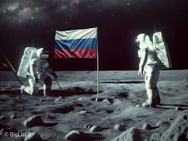 A moon landing scene with astronauts and the Russian flag in the background, symbolizing the confirmation from Russia.