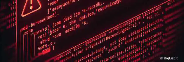 A dark-themed terminal interface with lines of code, highlighting a security vulnerability warning in bright red text.