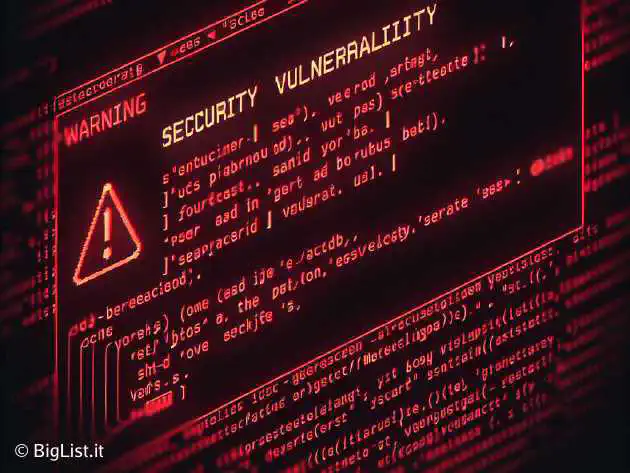 A dark-themed terminal interface with lines of code, highlighting a security vulnerability warning in bright red text.