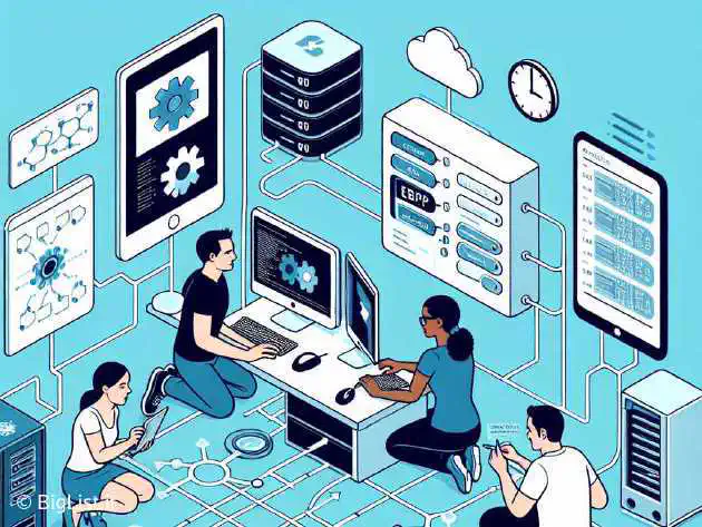 A small DevOps team effectively managing Kubernetes complexity with eBPF, illustrated with simplified tech graphs and infrastructure elements.