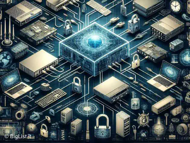 A depiction of network security vulnerabilities with a background displaying both modern and outdated network equipment