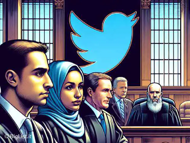 A courtroom scene with lawyers and Elon Musk, with Twitter's logo prominently featured in the background. The scene should portray a tense legal battle moment, underlining the seriousness of the situation.