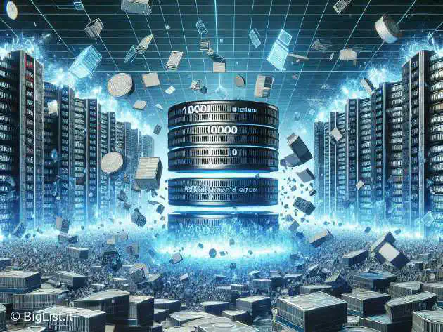 A futuristic scene with a MySQL server crashing amidst 10000 database tables. High-tech elements and broken digital structures.