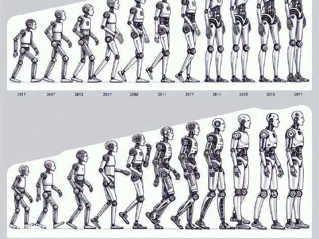 An illustration of AI robots gradually becoming more human-like with each level, reaching ultimate efficiency at the final stage.