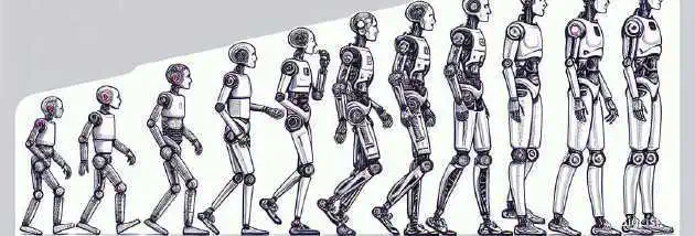 An illustration of AI robots gradually becoming more human-like with each level, reaching ultimate efficiency at the final stage.