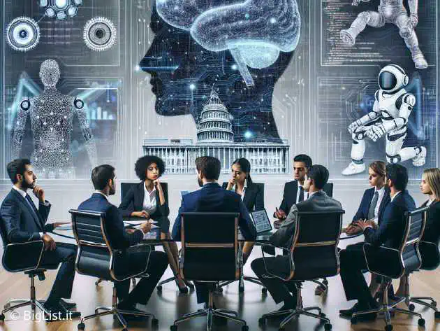 A group of senators discussing a bill with AI-related imagery on a digital screen in the background.