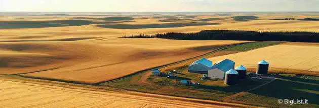 A picturesque farmland in Saskatchewan with large spacecraft debris scattered across the fields. The debris pieces are large, some the size of ping pong tables.
