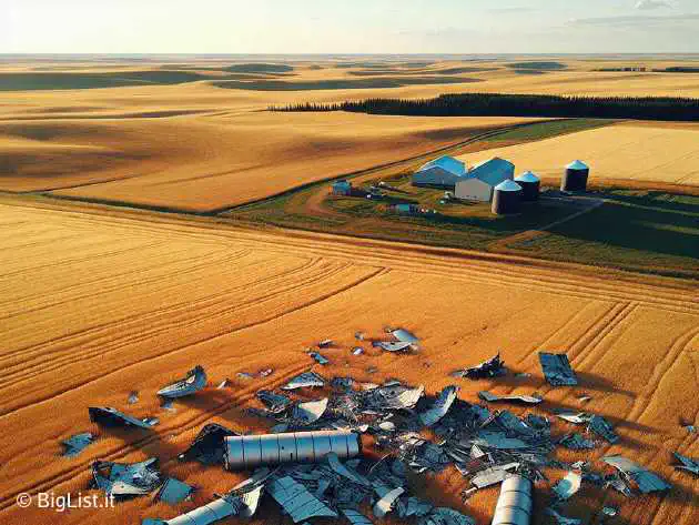 A picturesque farmland in Saskatchewan with large spacecraft debris scattered across the fields. The debris pieces are large, some the size of ping pong tables.