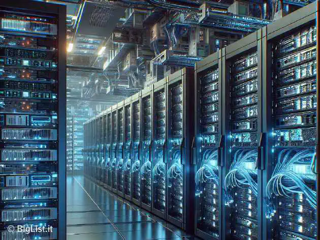 A futuristic high-performance computing (HPC) lab filled with servers, racks of Intel Xeon processors, and SSDs working tirelessly to calculate the digits of Pi.