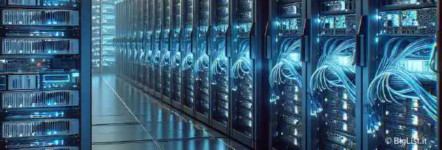 A futuristic high-performance computing (HPC) lab filled with servers, racks of Intel Xeon processors, and SSDs working tirelessly to calculate the digits of Pi.