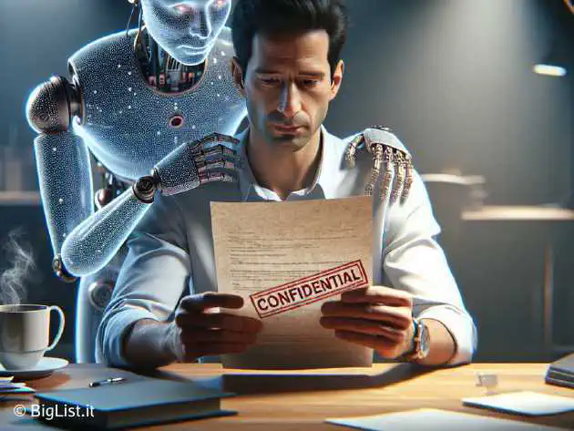 An AI entity reading a confidential document over someone's shoulder with a concerned expression.