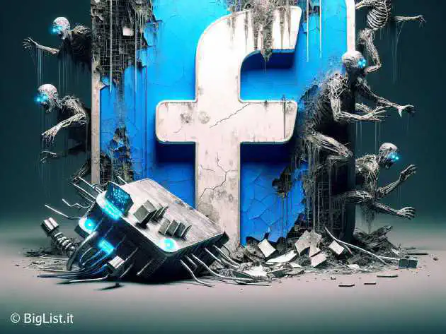 An image showing a decayed Facebook logo being overtaken by zombies and spam bots