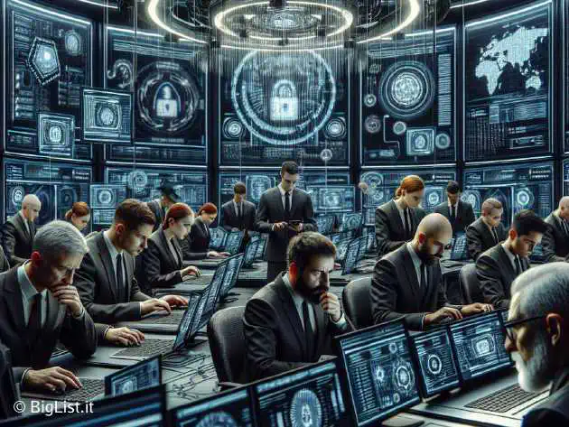 A sophisticated FBI cybersecurity lab with agents analyzing a mobile phone's data intensively, advanced hacking tools in the foreground.