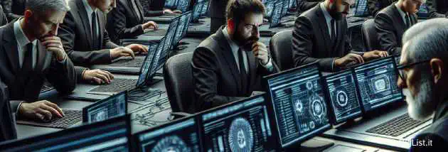 A sophisticated FBI cybersecurity lab with agents analyzing a mobile phone's data intensively, advanced hacking tools in the foreground.