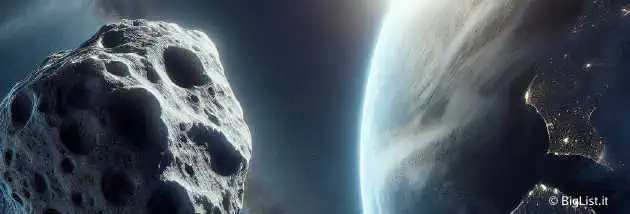 A massive asteroid passing close to Earth with a spacecraft shadowing it. The Earth, Moon, and stars are in the background. A sense of urgency and scientific effort is depicted.