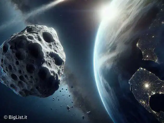 A massive asteroid passing close to Earth with a spacecraft shadowing it. The Earth, Moon, and stars are in the background. A sense of urgency and scientific effort is depicted.