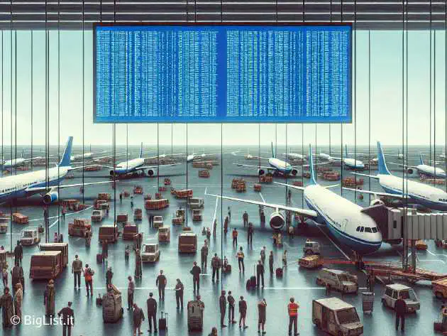 A chaotic airport scene with grounded planes and frustrated passengers, symbolizing massive technology failure, with screens showing BSOD (blue screen of death) in the background.