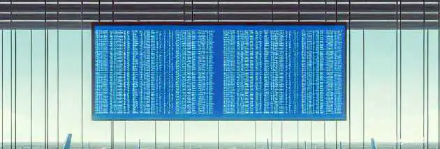 A chaotic airport scene with grounded planes and frustrated passengers, symbolizing massive technology failure, with screens showing BSOD (blue screen of death) in the background.