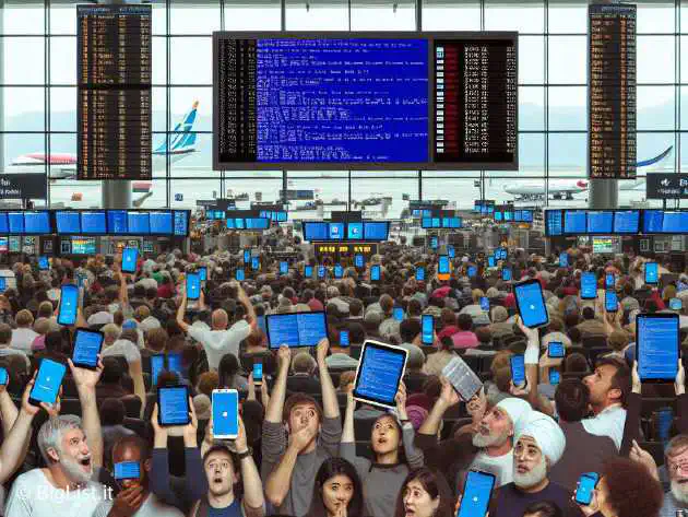 An image depicting the blue screen of death on multiple devices in a busy airport.