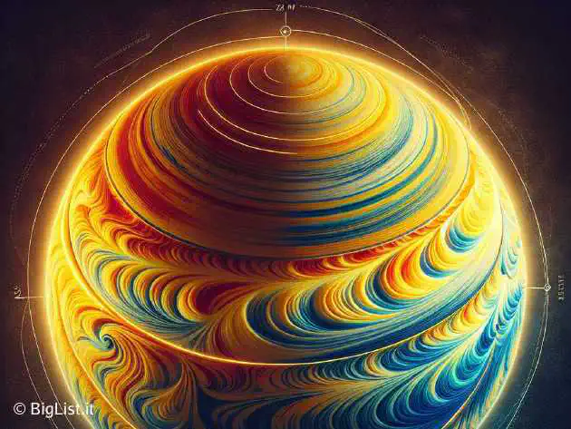 A scientific visualization showing the sun with different latitudinal bands highlighted in red, yellow, blue, and green, representing varying rotational speeds.