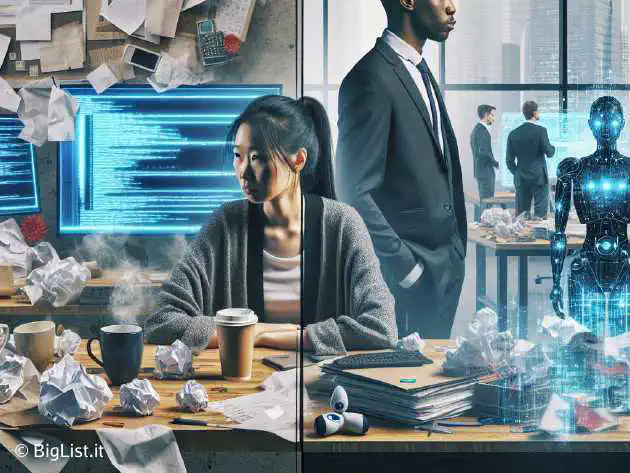 A split image showing a frustrated developer with a cluttered desk, and a confident company leader overlooking a futuristic office with AI tools.