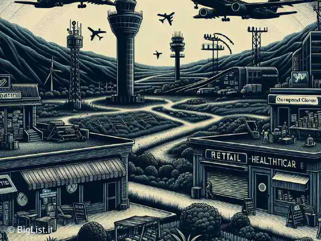 A landscape scene depicting a massive digital blackout affecting various sectors such as aviation, retail, and healthcare. Illustration style.