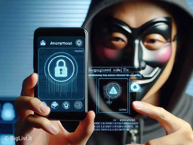 A hacker manipulating a smartphone's screen, showing the Telegram app icon and a disguised malicious video file interface