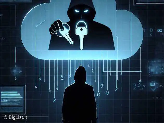 A dark-themed illustration showing a digital thief stealing data from a cloud with credentials in hand.