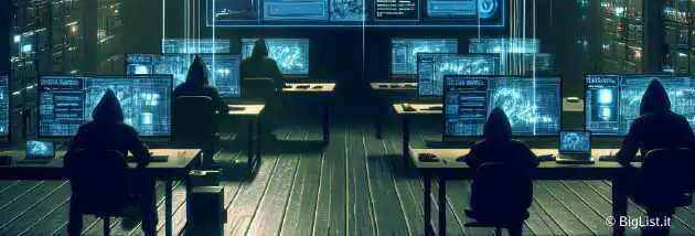 a cybercrime scene with computer terminals, digital data streams, and a dark web marketplace