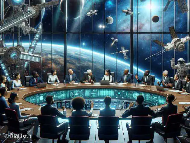 A legislative council meeting discussing space laws; futuristic orbital activities in the background.